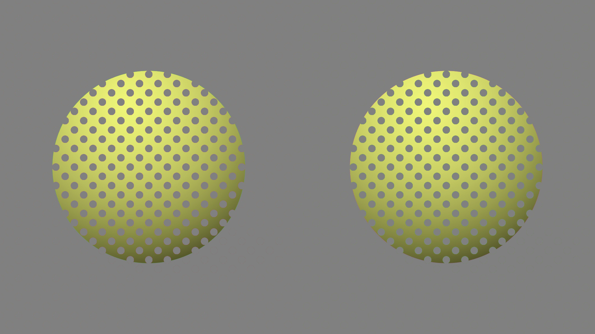 Two identical balls next to one another on a 50% grey background with grey holes on them